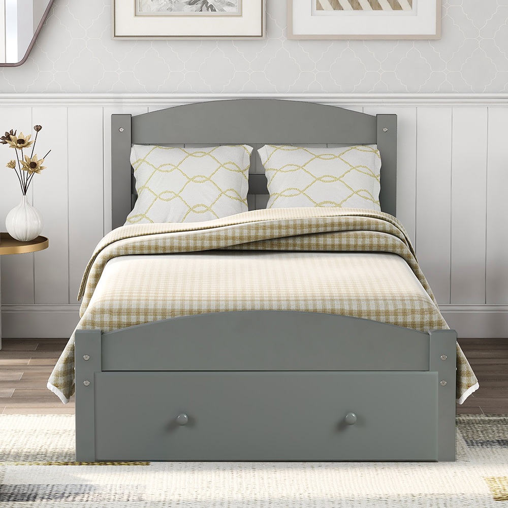 Twin Size Wooden Platform Bed Frame with Storage Drawer, and Wooden Slats Support, No Spring Box Required (Frame Only) - Gray