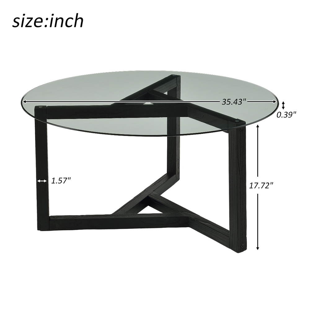 TREXM 35" Round Tempered Glass Coffee Table with Wood Base, for Kitchen, Restaurant, Office, Living Room, Cafe - Espresso