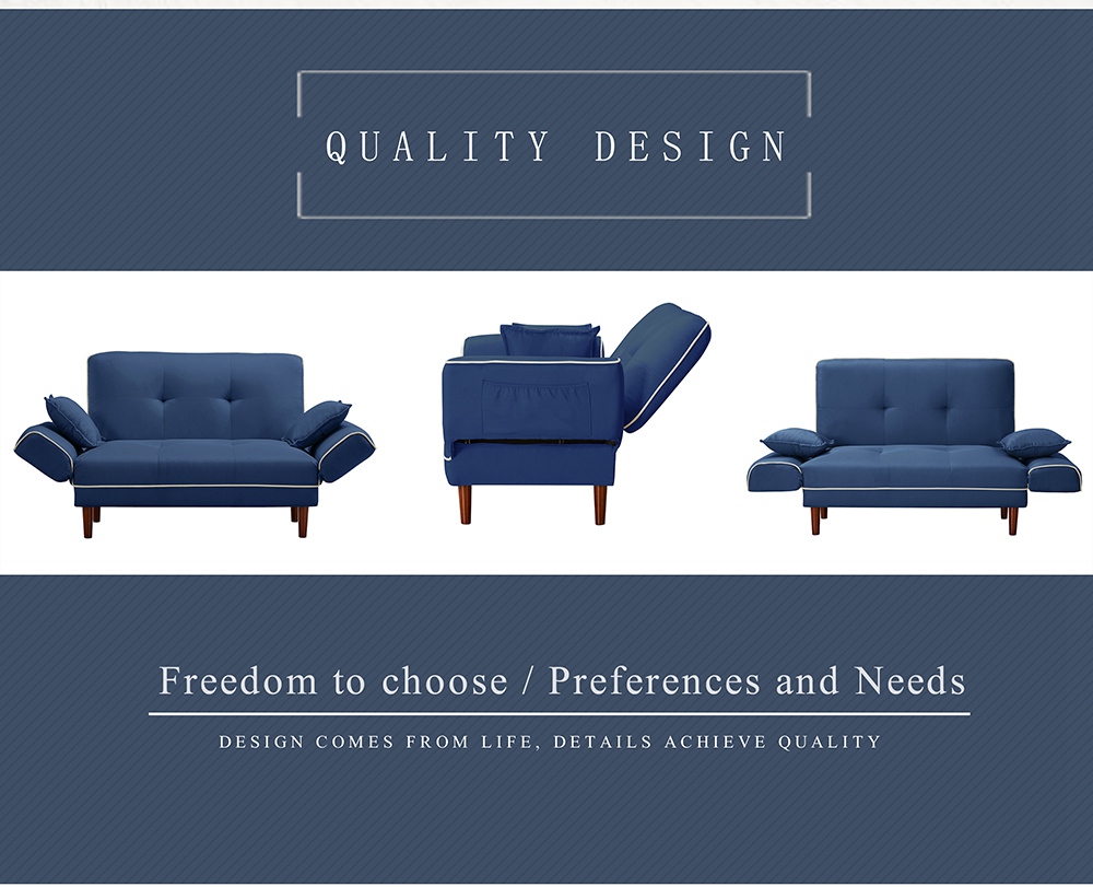 Twin Size Linen Upholstered Sofa Bed with 2 Pillows and Adjustable Armrests for Living Room, Bedroom, Office, Apartment - Navy Blue