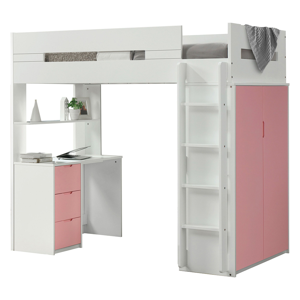 ACME Twin Size Wooden Loft Bed Frame with Desk and Storage Cabinet, Space-saving Design, No Need for Spring Box - White + Pink