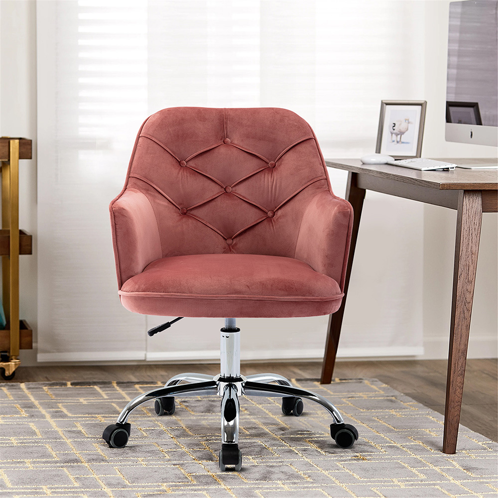 COOLMORE Velvet Swivel Chair Height Adjustable with Curved Backrest and Casters for Office, Bedroom, Living Room, Dining Room - Red