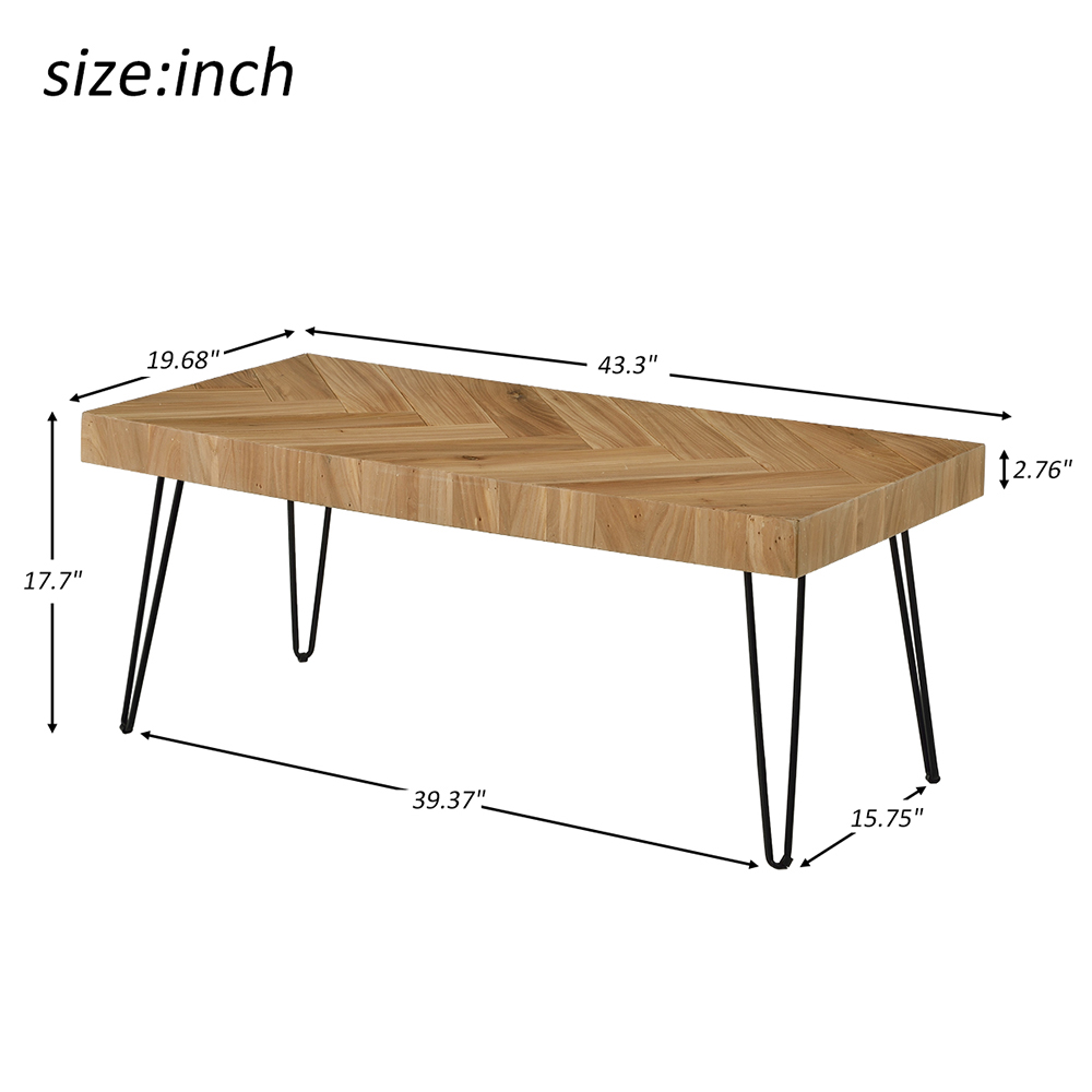 TREXM Rectangular Glossy Finished Wood Coffee Table with Chevron Pattern and Metal Hairpin Legs, for Kitchen, Restaurant, Office, Living Room, Cafe - Oak