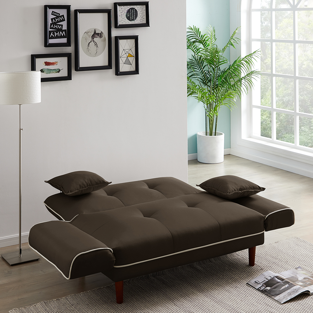 Twin Size Linen Upholstered Sofa Bed with 2 Pillows and Adjustable Armrests for Living Room, Bedroom, Office, Apartment - Brown