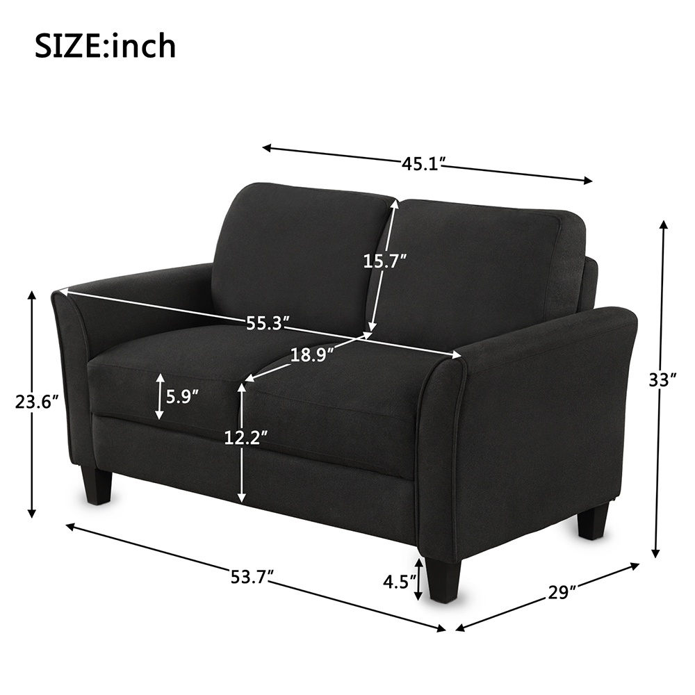 2-Seat Linen Fabric Sofa with Wooden Frame and Plastic Feet, for Living Room, Bedroom, Office, Apartment - Black