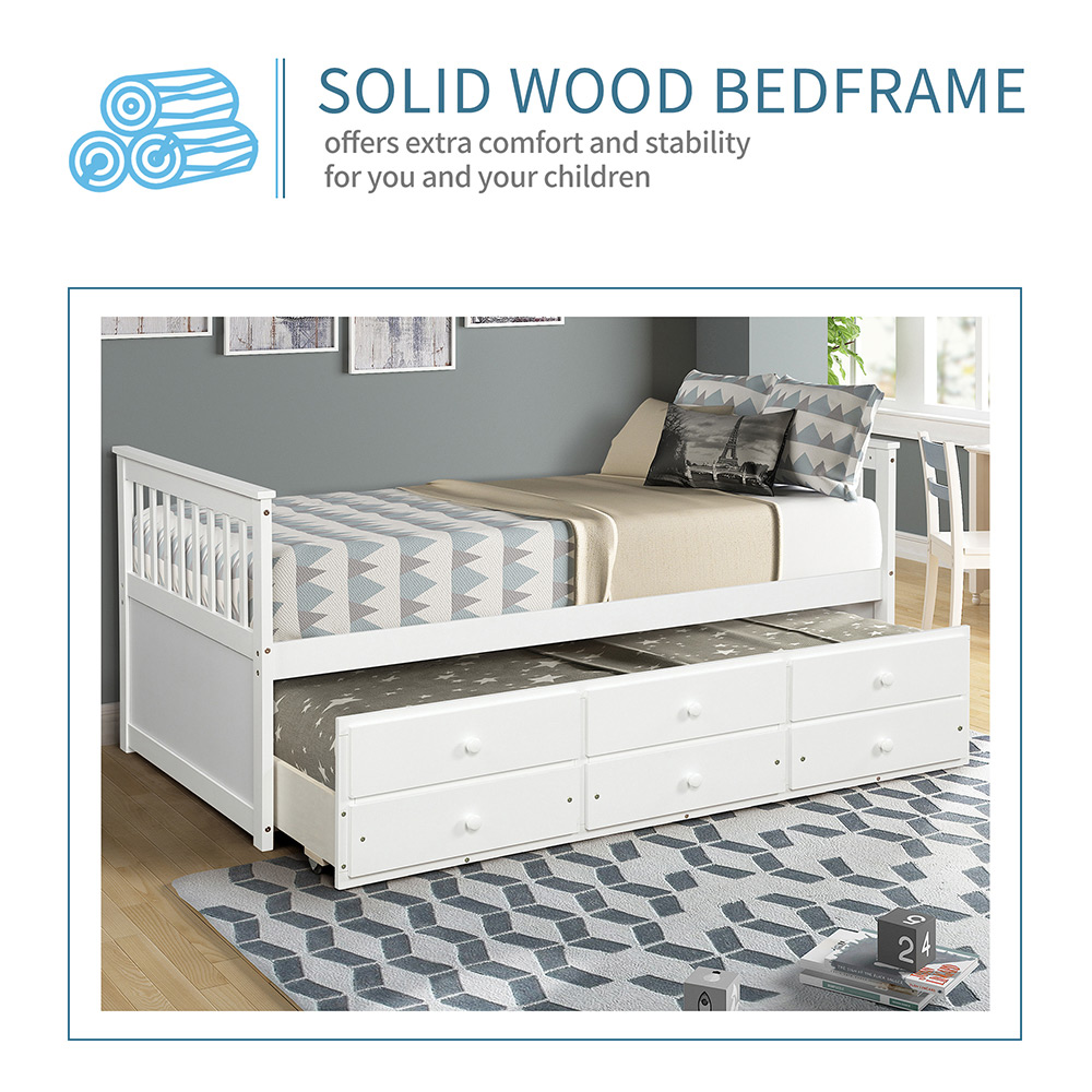 TOPMAX Captain's Twin Size Bed Frame with Trundle Bed and Storage Drawers, for Boys, Girls and Small Rooms - White