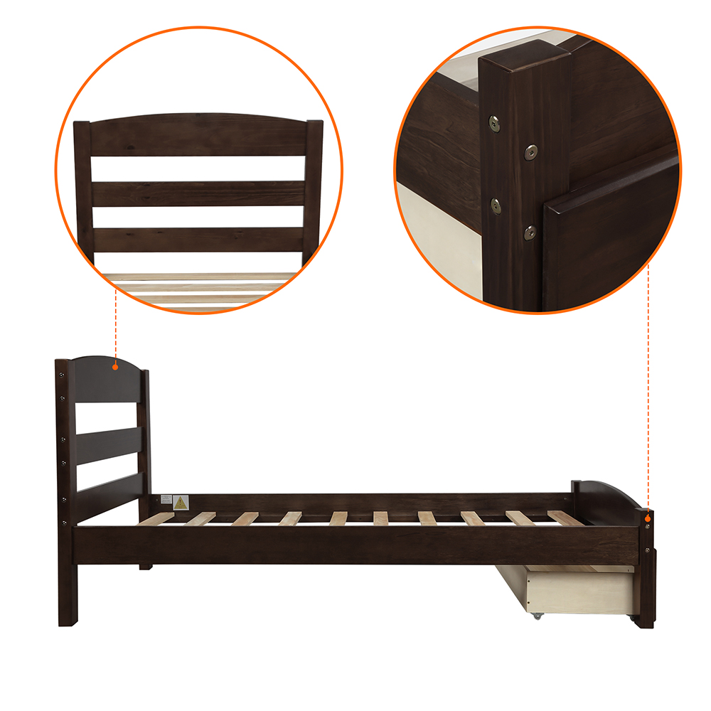 Twin Size Wooden Platform Bed Frame with Storage Drawer, and Wooden Slats Support, No Spring Box Required (Frame Only) - Espresso
