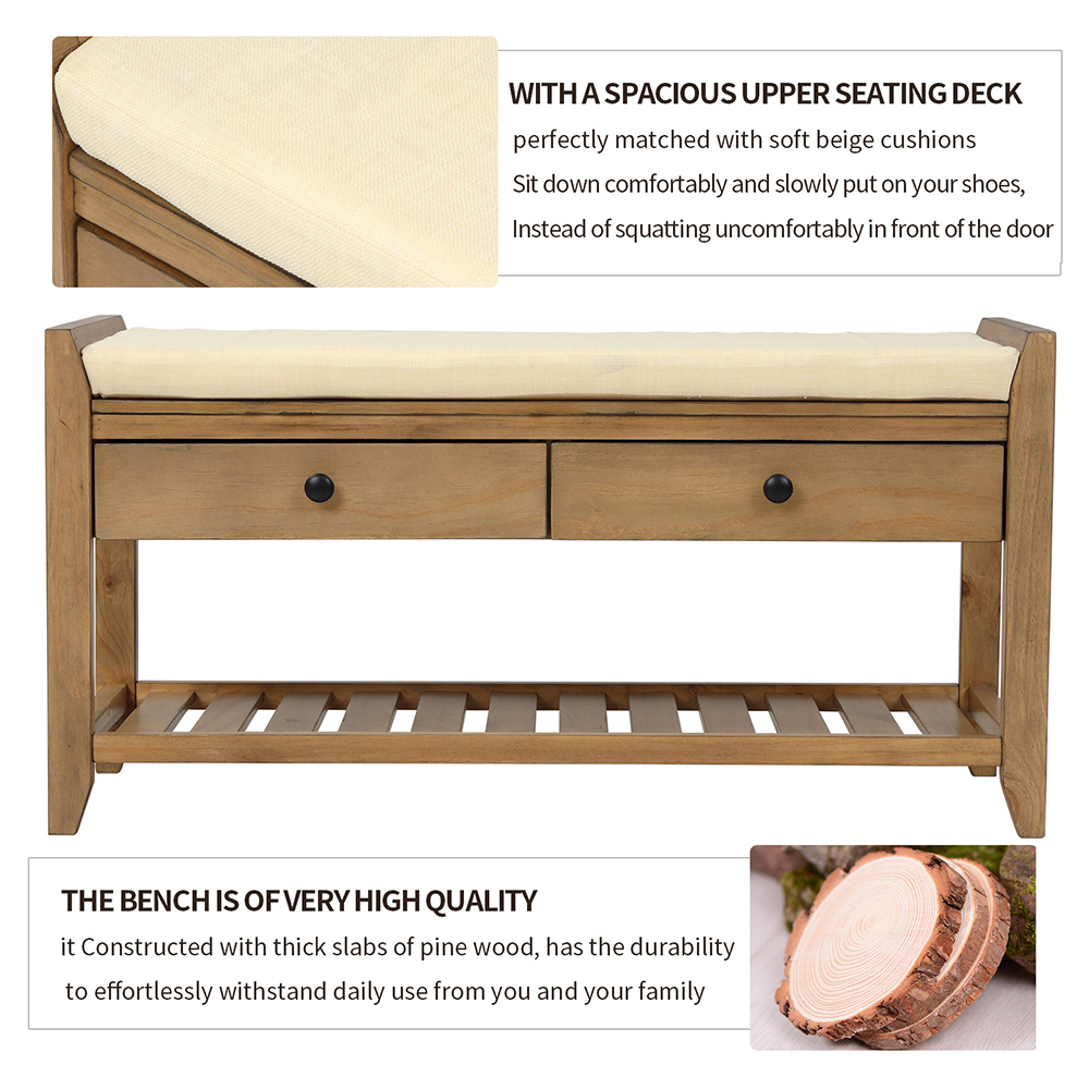 TREXM 39'' Console Bench with 2 Storage Drawers and Mesh Shoe Shelf, for Entrance Hallway, Dining Room, Bedroom - Old Pine