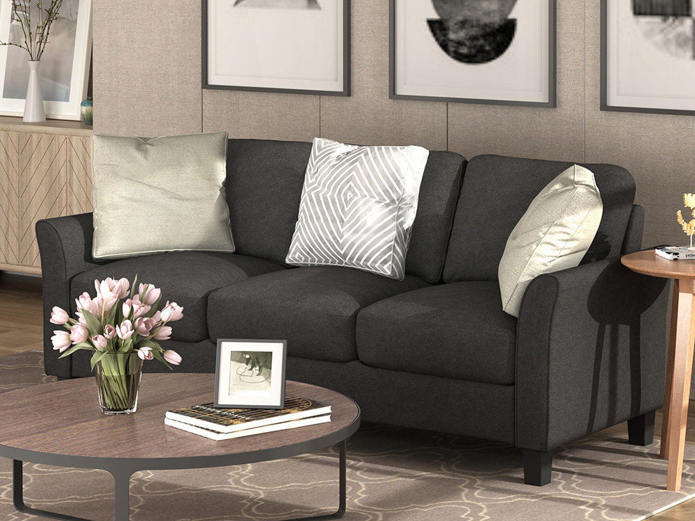 2+3-Seat Linen Fabric Upholstered Sofa Set, with Pillows and Wooden Feet, for Living Room, Bedroom, Office, Apartment - Black