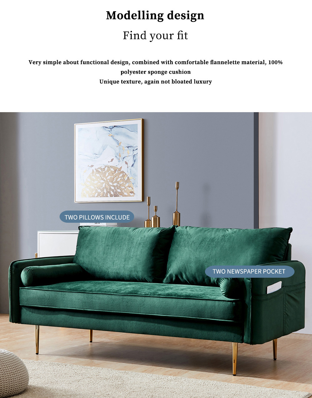 71" Velvet Fabric Upholstered Sofa with Armrest Pocket for Living Room, Bedroom, Office, Apartment - Green