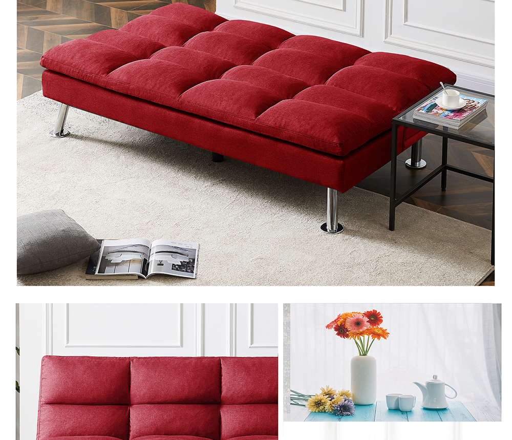 Twin Size Polyester Upholstered Sofa Bed Solid Wood Frame with Adjusting Backrest and Metal Legs for Office, Living Room, Guest Room, Apartment - Red