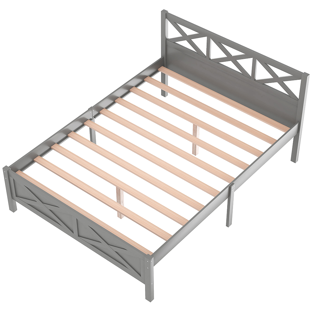 Queen Size Wooden Platform Bed Frame with High Legs and Wooden Slats - Gray