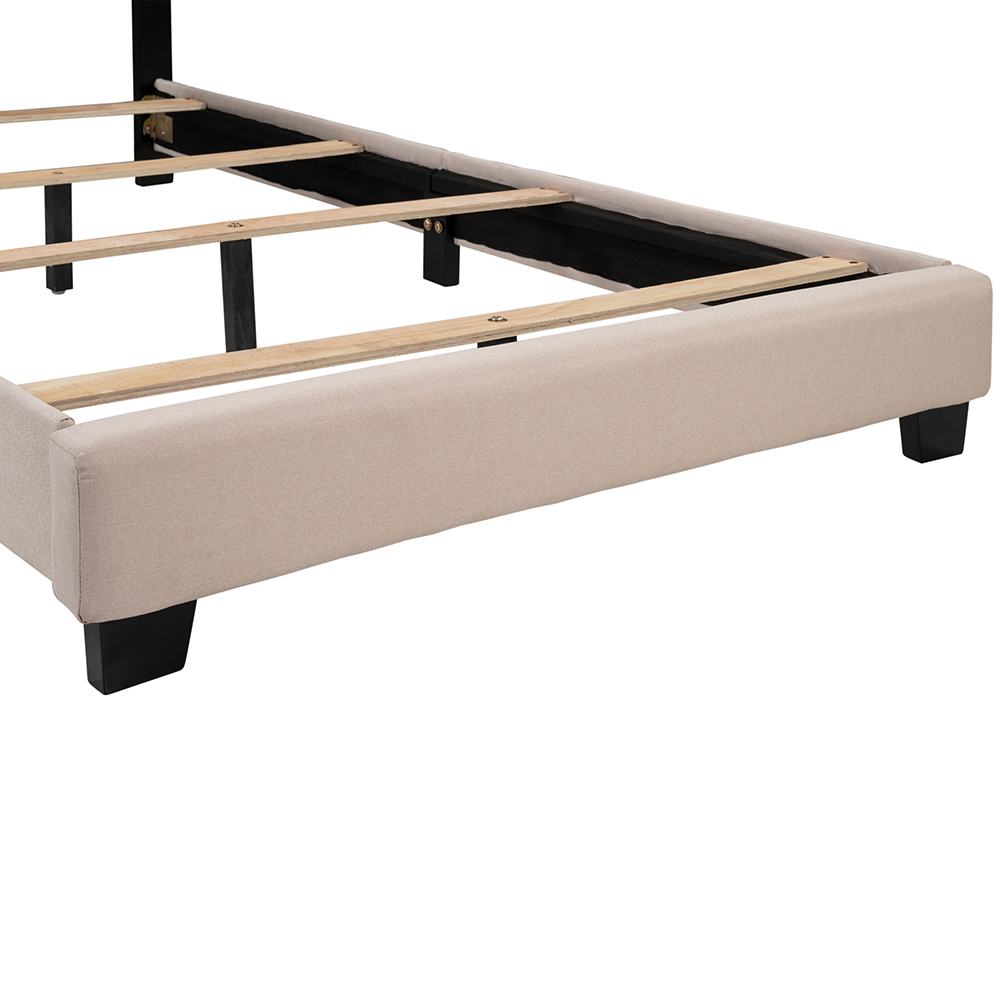 Twin-Size Polyester Linen Platform Bed Frame with Wooden Slats and Nailhead Detail - Beige
