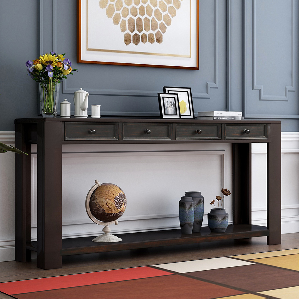 TREXM 64'' Console Table with 4 Storage Drawers and Bottom Shelf, for Entrance Hallway, Dining Room, Bedroom - Black