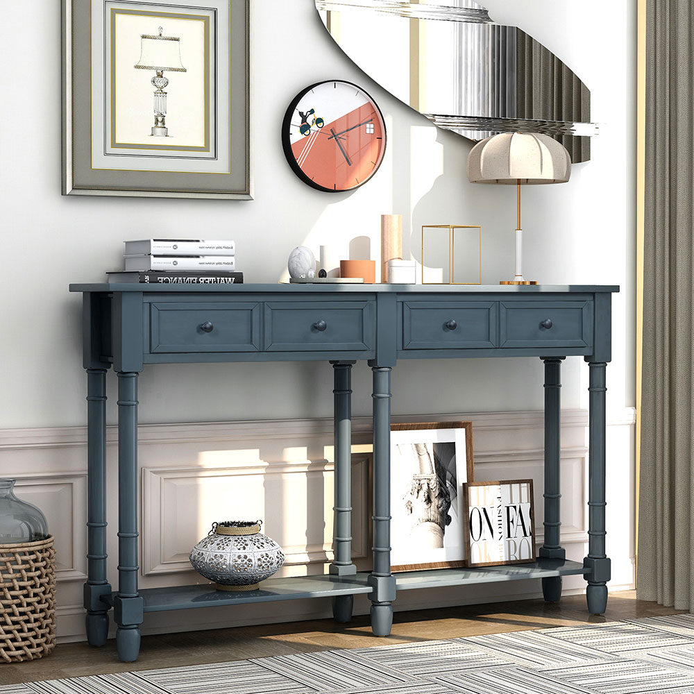 TREXM 58'' Console Table with 2 Storage Drawers, and Bottom Shelf, for Entrance, Hallway, Dining Room, Kitchen - Navy