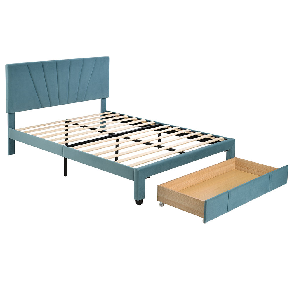 Queen-Size Velvet Upholstered Platform Bed Frame with Storage Drawer and Wooden Slat Support - Blue