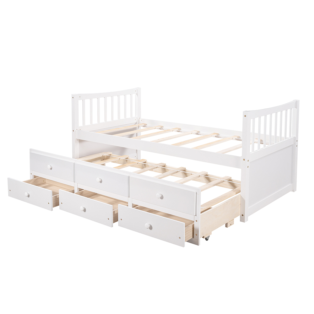 Twin Size Wooden Daybed Frame with Trundle Bed and 3 Storage Drawers, No Need for Spring Box, for Living Room, Bedroom, Office, Apartment - White