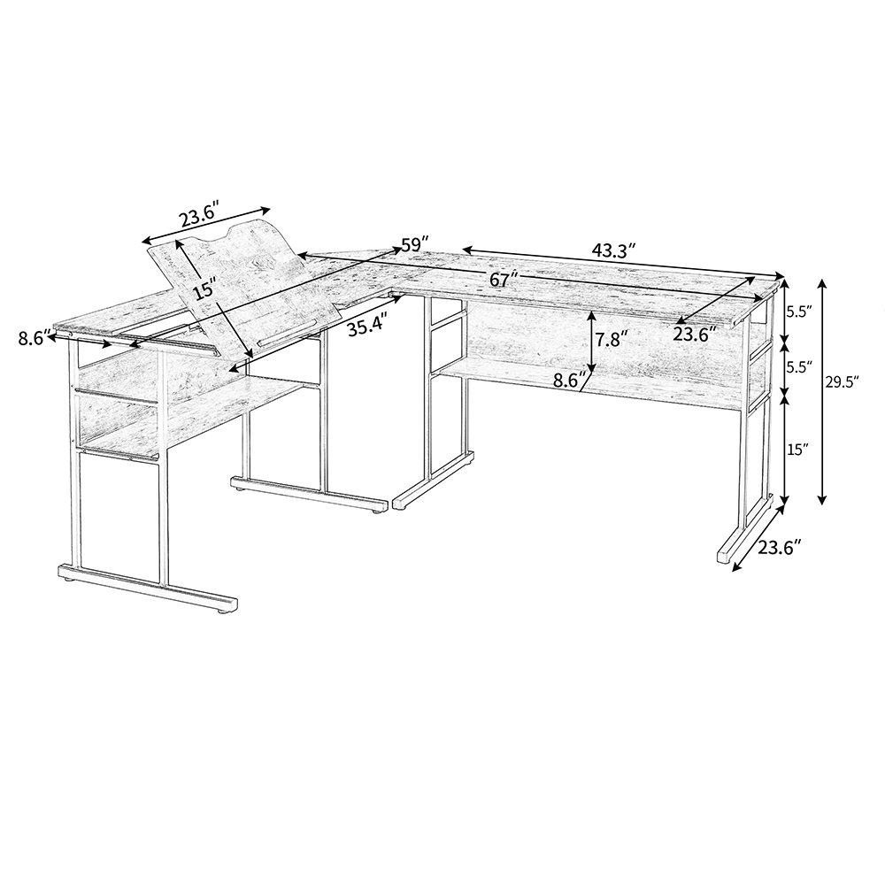 Home Office 67" L-Shaped Computer Desk with Tiltable Tabletop and Bottom Bookshelf - Black