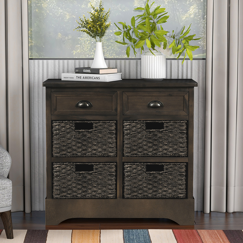 TREXM 28" Rustic Wooden Console Table with 2 Drawers and 4 Storage Rattan Baskets, for Entrance Hallway, Dining Room, Kitchen - Brown