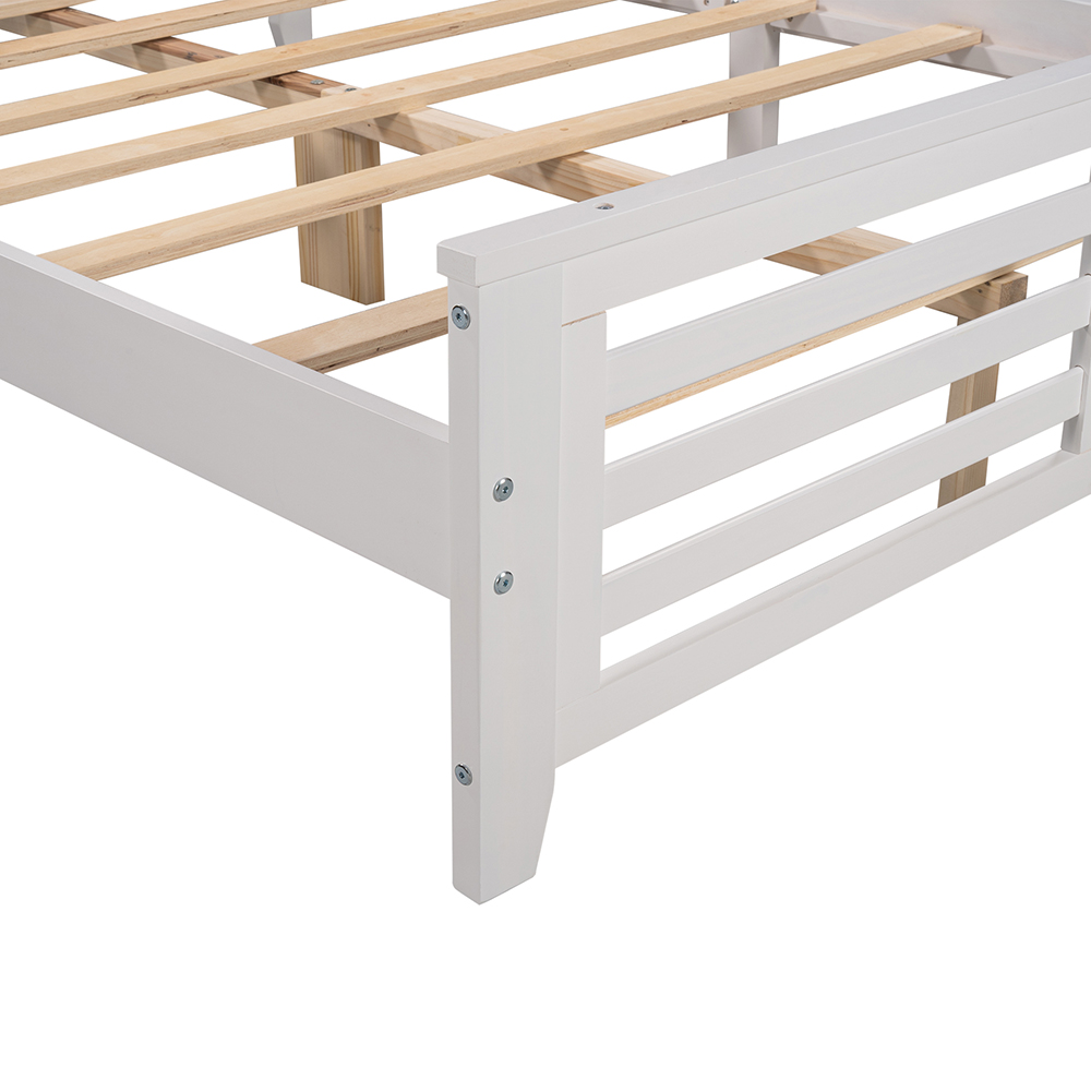 Full-Size Wooden Platform Bed Frame with Hollow Shape Horizontal Strip and Wooden Slats Support - White
