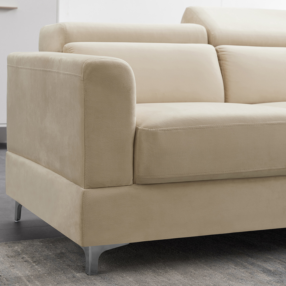 3-Seat L-shaped Corner Velvet Upholstered Sofa, with Adjustable Headrest and Metal Legs, for Living Room, Bedroom, Office, Apartment - Beige