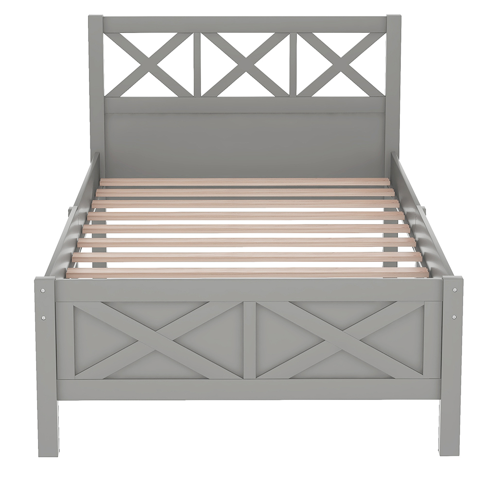 Twin Size Wooden Platform Bed Frame with High Legs and Wooden Slats - Gray