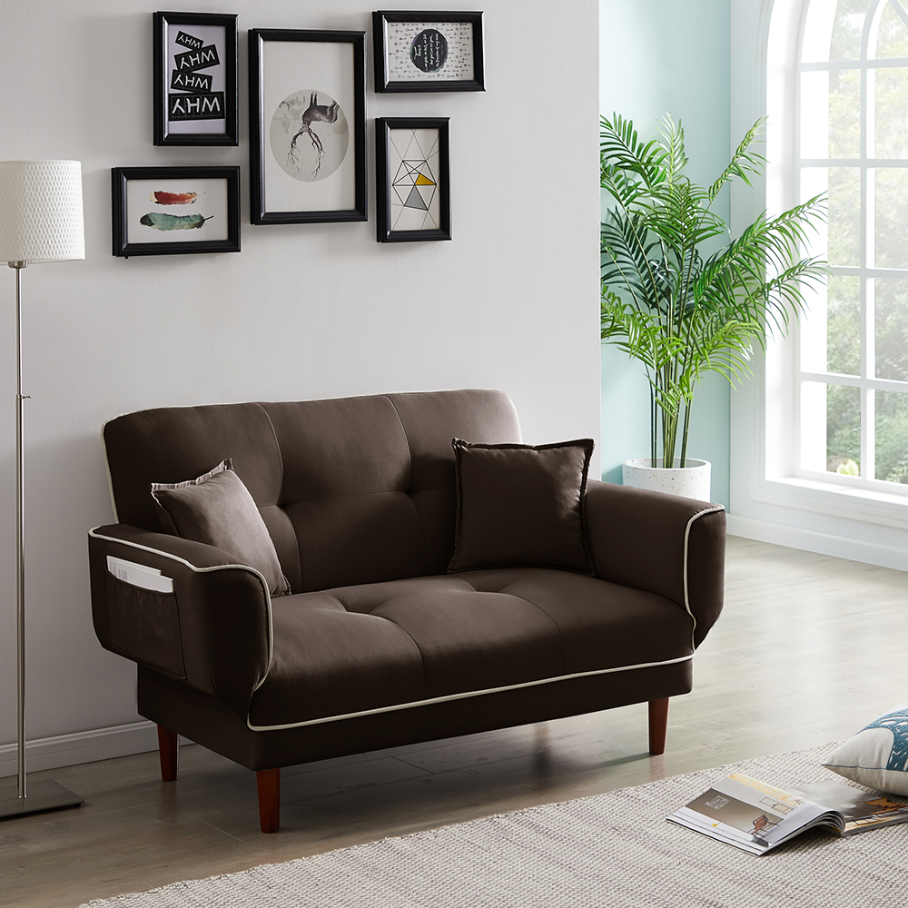 Twin Size Linen Upholstered Sofa Bed with 2 Pillows and Adjustable Armrests for Living Room, Bedroom, Office, Apartment - Brown