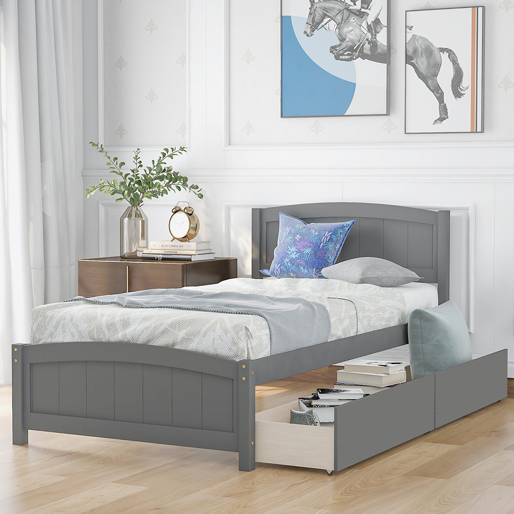 Twin Size Wooden Platform Bed Frame with 2 Storage Drawers, and Wooden Slats Support, No Spring Box Required (Frame Only) - Gray