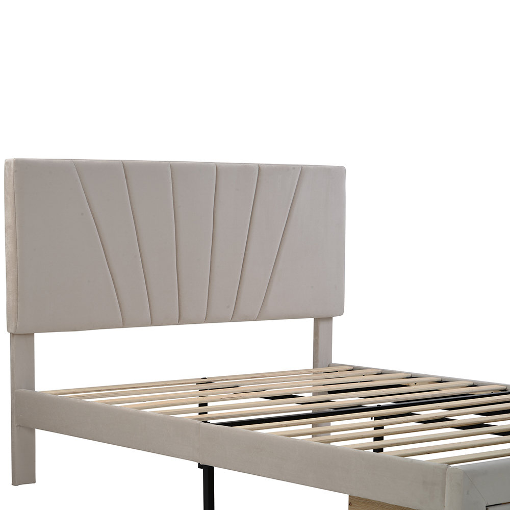 Queen-Size Velvet Upholstered Platform Bed Frame with Storage Drawer and Wooden Slat Support - Beige