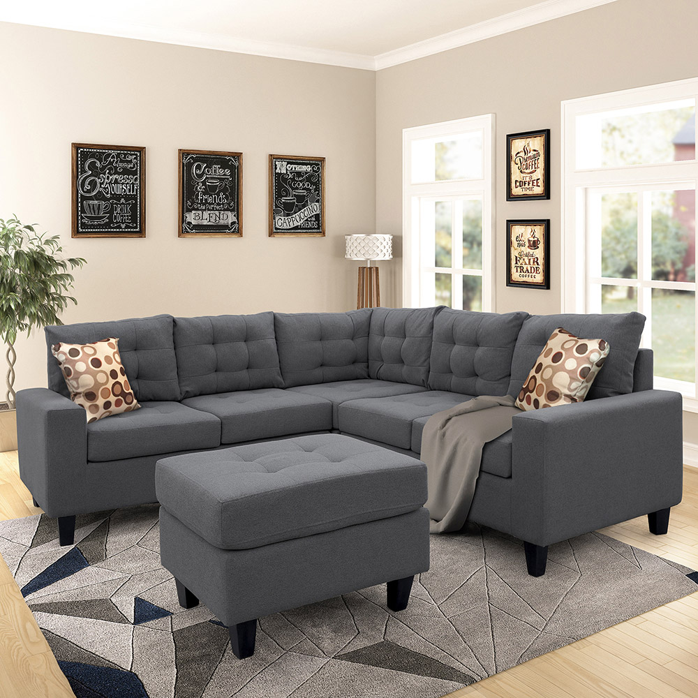 U-STYLE 5-Seat L-shaped Corner Polyester Tufted Upholstered Sofa with 2 Pillows and Ottoman, for Living Room, Bedroom, Office, Apartment - Grey
