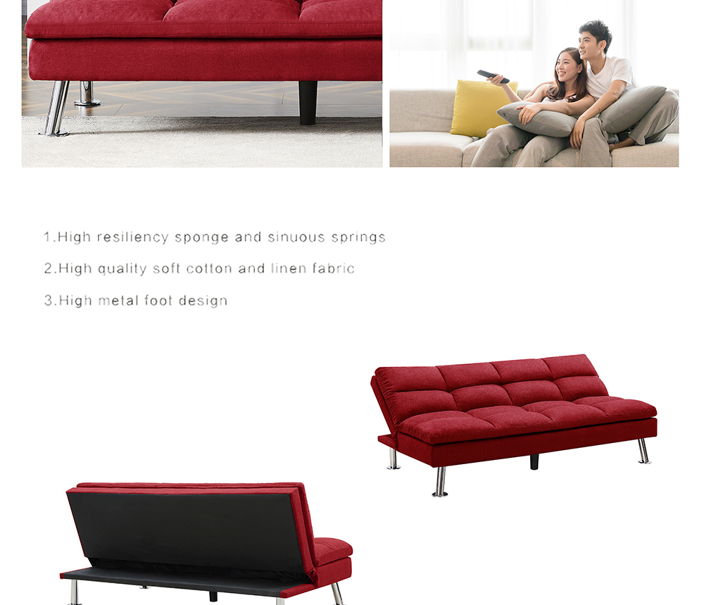 Twin Size Polyester Upholstered Sofa Bed Solid Wood Frame with Adjusting Backrest and Metal Legs for Office, Living Room, Guest Room, Apartment - Red