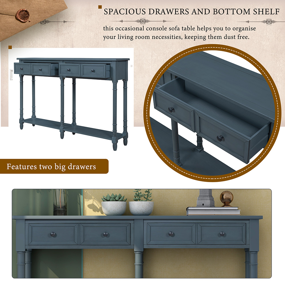 TREXM 58'' Console Table with 2 Storage Drawers, and Bottom Shelf, for Entrance, Hallway, Dining Room, Kitchen - Navy