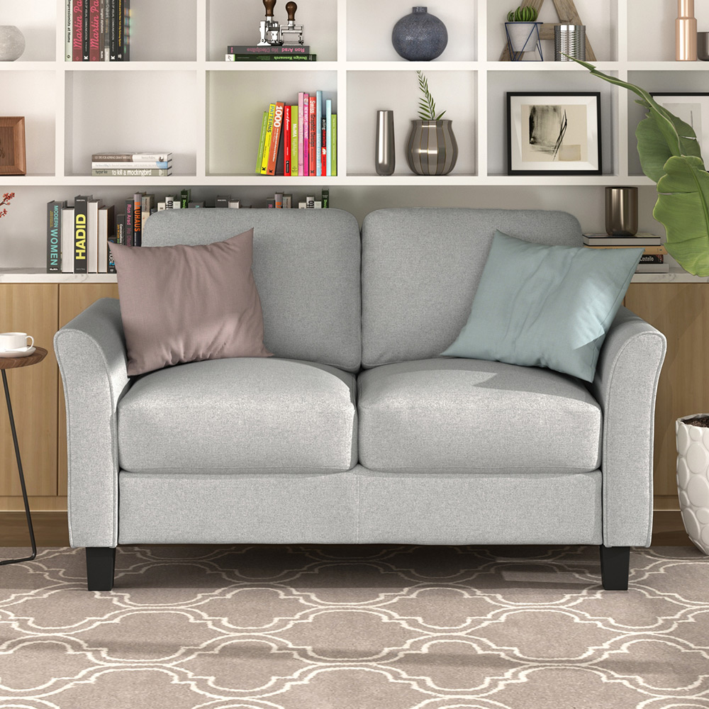 2-Seat Linen Fabric Sofa with Wooden Frame and Plastic Feet, for Living Room, Bedroom, Office, Apartment - Light Gray