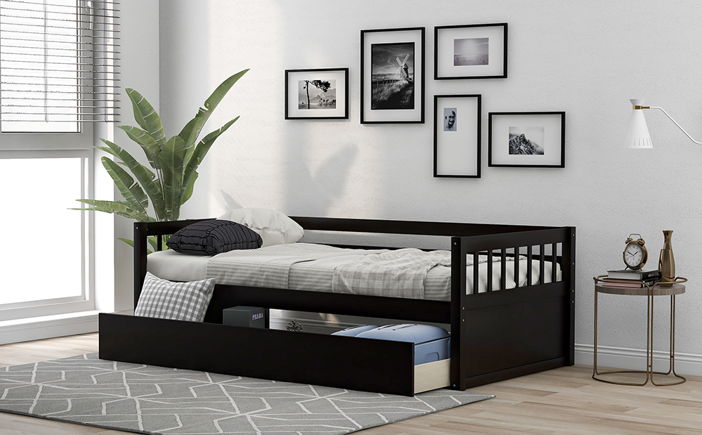 Twin-Size Wooden Platform Sofa Bed Frame with 2 Inseparable Storage Drawers - Espresso