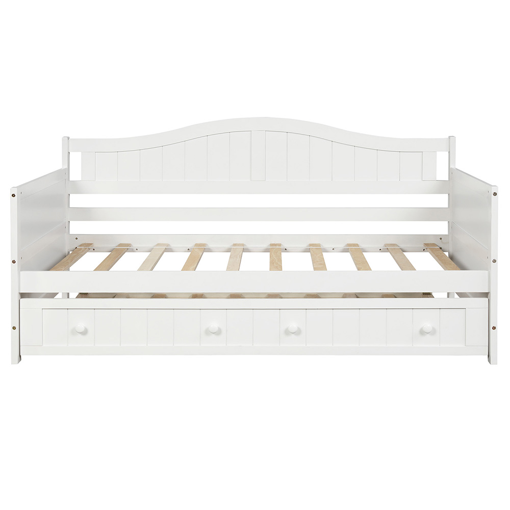 Twin-Size Wooden Platform Daybed Frame with Trundle Bed and Wooden Slats Support - White