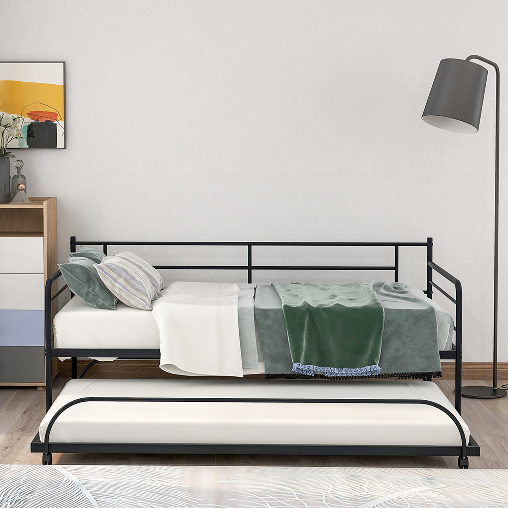 Twin Size Metal Daybed Frame with Trundle Bed and Metal Slats Support, No Need for Spring Box, for Living Room, Bedroom, Office, Apartment - Black