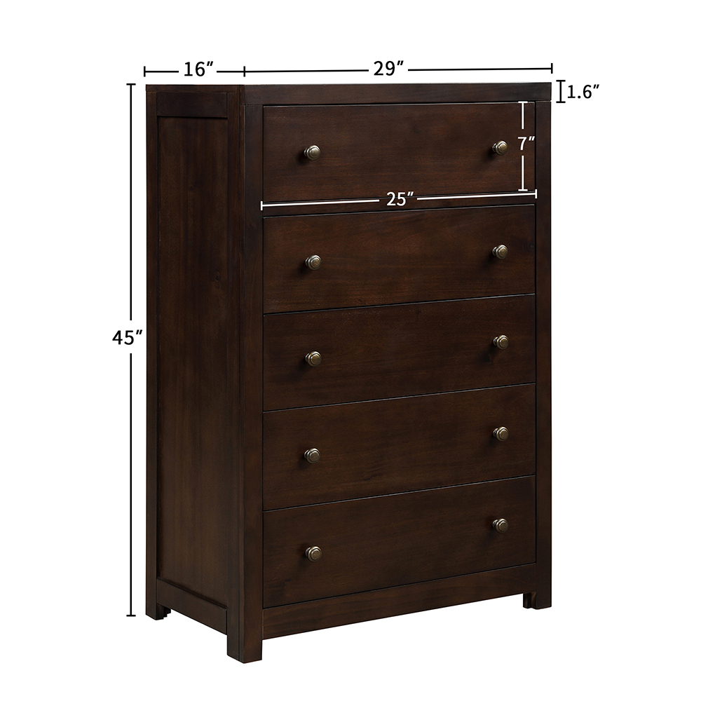 6 Pieces Wooden Bedroom Set, Including Queen Size Bed, 2 Nightstand, Dresser, 5 Drawers Chest and Mirror - Brown