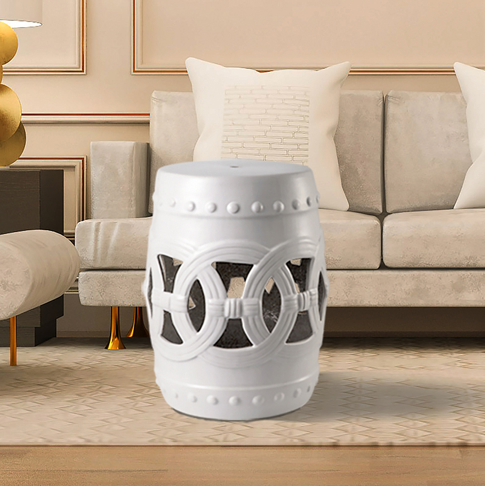Outdoor Multifunctional Ceramic Stool for Garden, Terrace, Deck, Backyard - White