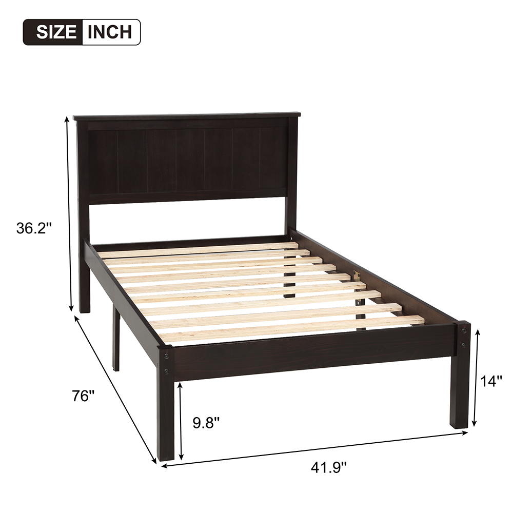 Twin-Size Wooden Platform Bed Frame with Headboard and Wooden Slats Support - Espresso