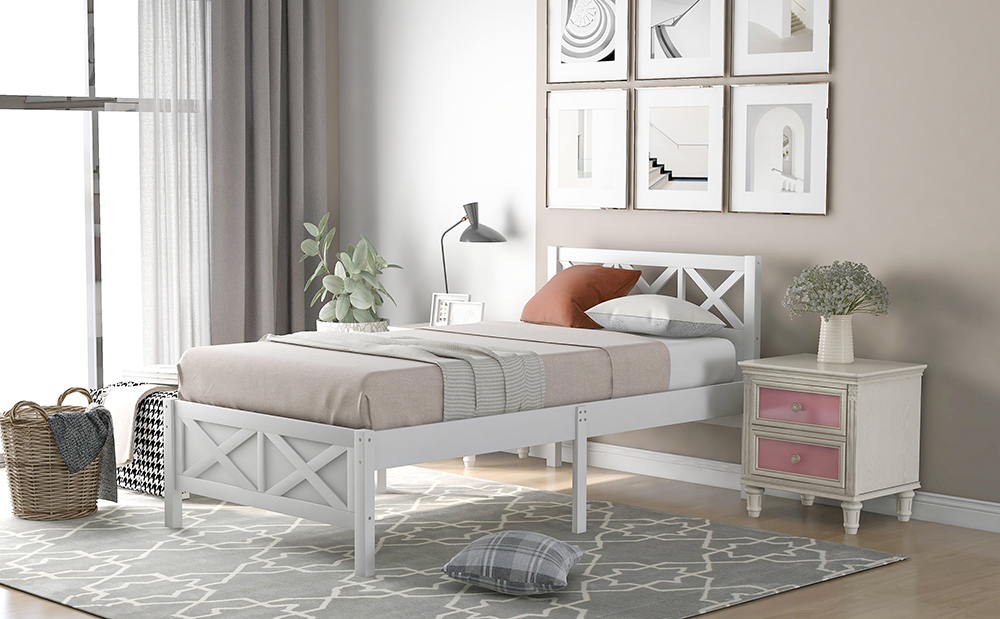 Twin Size Wooden Platform Bed Frame with High Legs and Wooden Slats - White