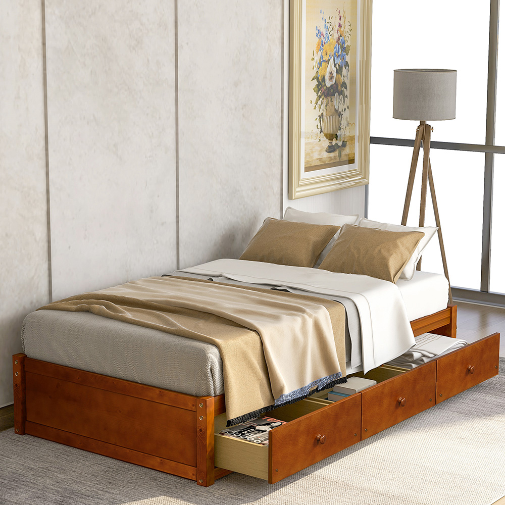 Orisfur Twin Size Wooden Platform Bed Frame with 3 Storage Drawers, and Wooden Slats Support, No Spring Box Required (Frame Only) - Oak