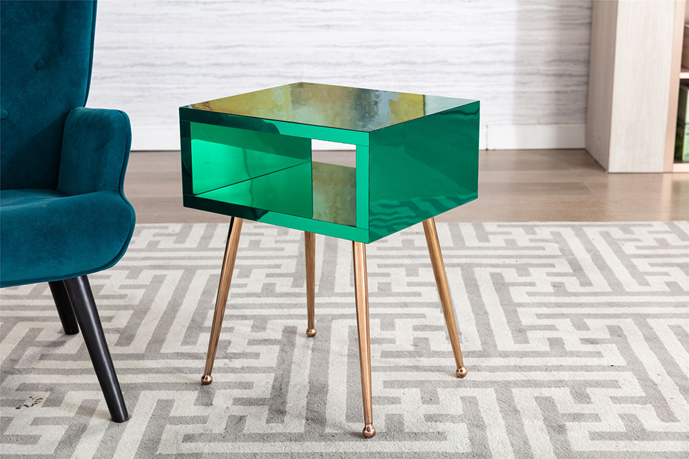 COOLMORE Mirror Bedside Table End Table with Metal High Legs for Living Room, Bedroom, Office, Dressing Room - Green