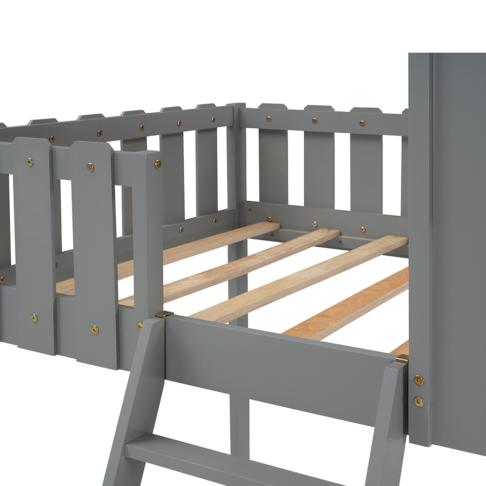 Twin-Size Wooden Floor Children's Bunk House Bed Frame with Rustic Fence-Shaped Guardrail and Ladder, No Need for Box Spring - Gray