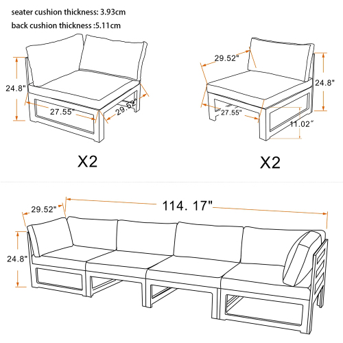 Outdoor 4-Seat Aluminum Frame Modular Sofa, Removable Seat Cushion, for Courtyard, Balcony, Living Room - Gray