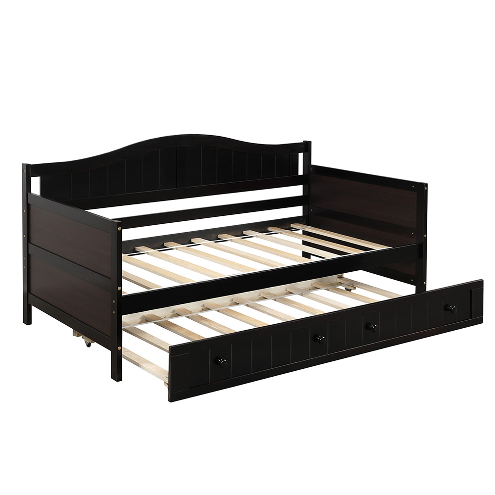 Twin-Size Wooden Platform Daybed Frame with Trundle Bed and Wooden Slats Support - Espresso