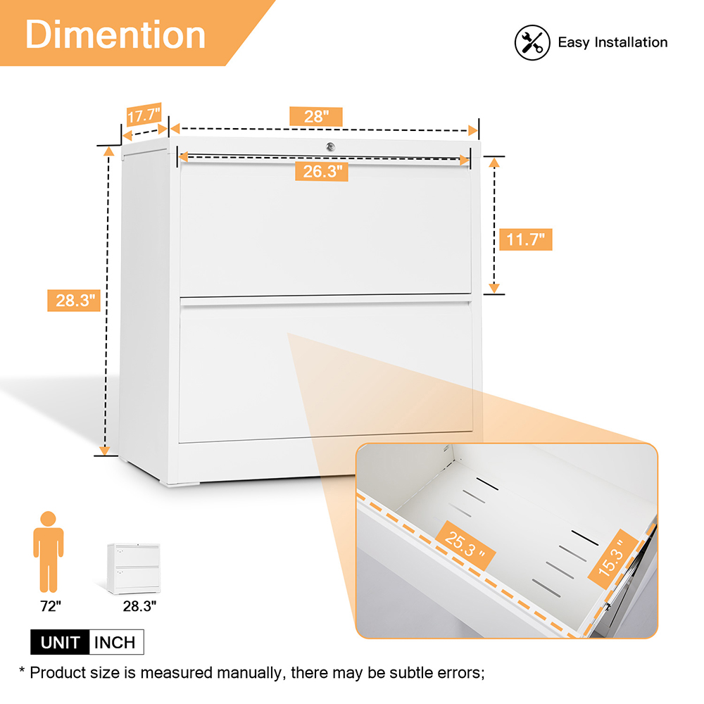 Home Office Lateral Metal Lockable File Cabinet with 2 Storage Drawers, for A4, Letter-Sized and Legal-Sized Hanging Documents - White