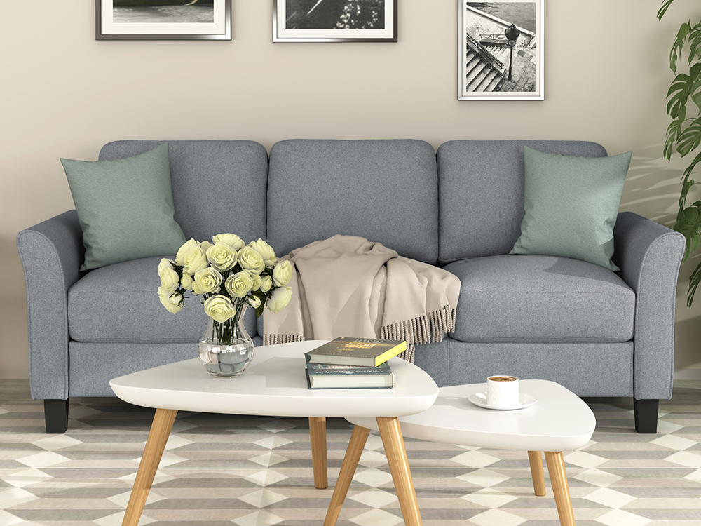 3-Seat Linen Fabric Sofa with Wooden Frame and Plastic Feet, for Living Room, Bedroom, Office, Apartment - Gray