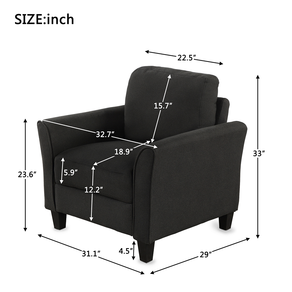 1-Seat Linen Fabric Upholstered Sofa with Armrest and Backrest, for Living Room, Bedroom, Office, Apartment - Black