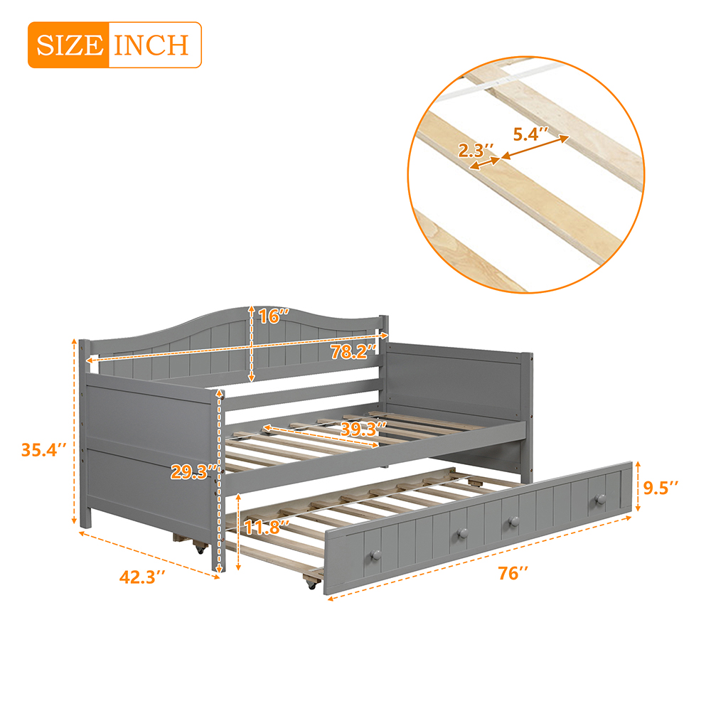 Twin-Size Wooden Platform Daybed Frame with Trundle Bed and Wooden Slats Support - Gray
