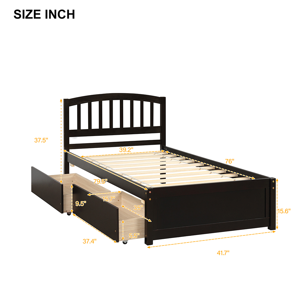 Twin Size Wooden Platform Bed Frame with 2 Storage Drawers, and Wooden Slats Support, No Spring Box Required (Frame Only) - Espresso