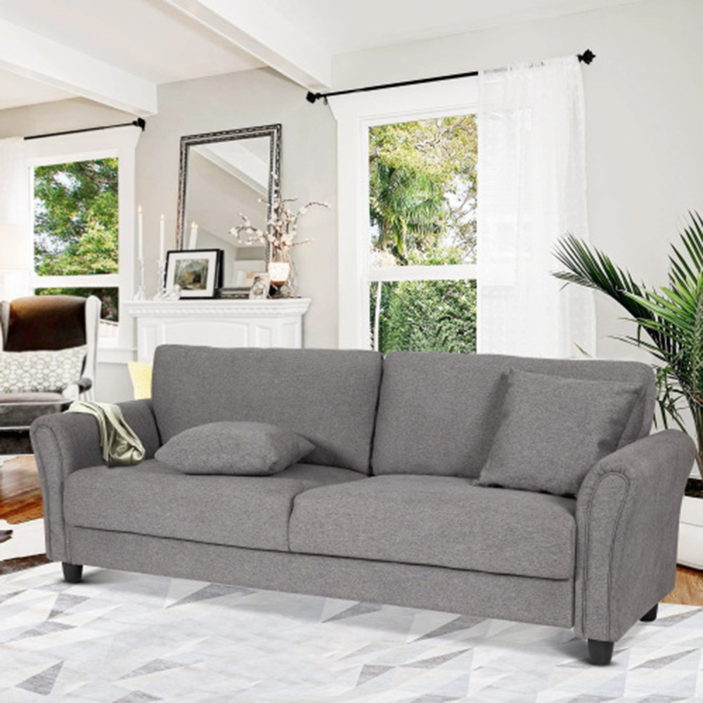 3-Seat Microfiber Upholstered Sofa, with Integrated Seat Cushion and Solid Wood Frame, for Living Room, Bedroom, Office, Apartment - Grey